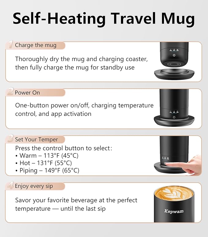 Kepwam T3 Self-Heating Travel Mug 20oz, Temperature-Controlled Coffee Warmer Mug, Smart Travel Coffee Mug Keep Coffee Drinks Hot, Heated Mug Great for Driver Outdoor Fits Car Cup Holders