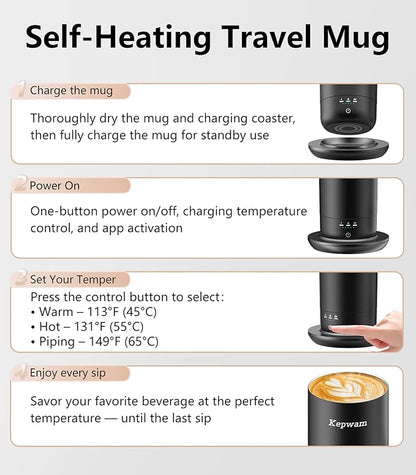 Kepwam T3 Self-Heating Travel Mug 20oz, Temperature-Controlled Coffee Warmer Mug, Smart Travel Coffee Mug Keep Coffee Drinks Hot, Heated Mug Great for Driver Outdoor Fits Car Cup Holders