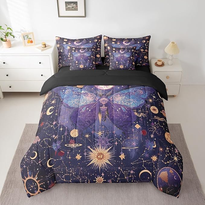 Erosebridal Purple Butterfly Comforter Set Twin 7 Piece,Gold Sun Moon and Stars Bedding Set Boho Trippy Room Decor,Galaxy Constellation Bed in a Bag with Fitted Sheet,Flat Sheet,Pillowcases & Shams