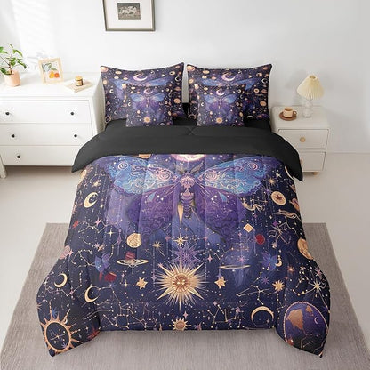 Erosebridal Purple Butterfly Comforter Set Twin 7 Piece,Gold Sun Moon and Stars Bedding Set Boho Trippy Room Decor,Galaxy Constellation Bed in a Bag with Fitted Sheet,Flat Sheet,Pillowcases & Shams