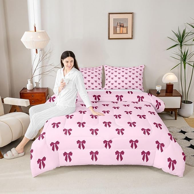 Erosebridal Pink Bow Bedding Set Queen Size Coquette Bows Comforter Set for Kids Teen Girls Women Bedroom Cute Preppy Bowknot Quilt Duvet Modern Trendy Girly Aesthetic Comforter