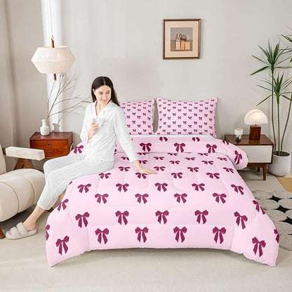 Erosebridal Pink Bow Bedding Set Queen Size Coquette Bows Comforter Set for Kids Teen Girls Women Bedroom Cute Preppy Bowknot Quilt Duvet Modern Trendy Girly Aesthetic Comforter