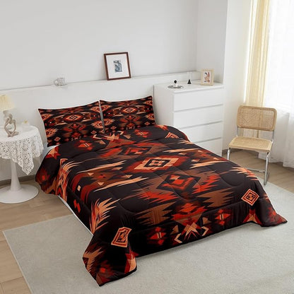 Feelyou Rustic Western Southwestern Comforter Set,Native American Tribal Navajo Bedding Set Twin Size,Boys Girls Bedroom Room Decor,Red Black Western Comforter,Farmhouse Bed Set