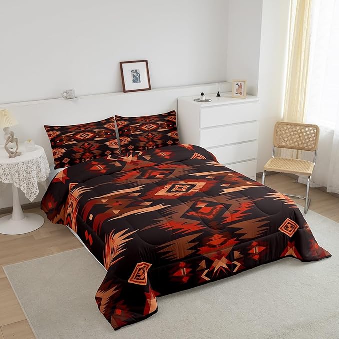 Feelyou Rustic Western Southwestern Comforter Set,Native American Tribal Navajo Bedding Set Toddler Size,Boys Girls Bedroom Room Decor,Red Black Western Comforter,Farmhouse Bed Set