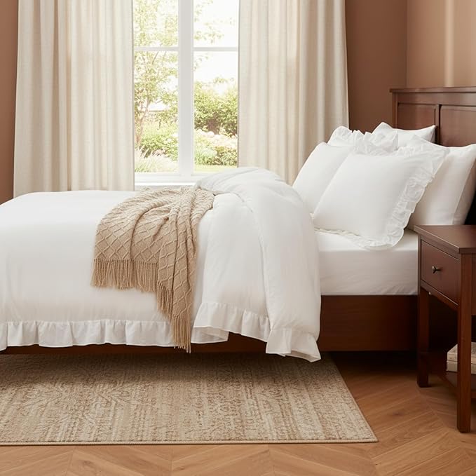 CAROMIO White Ruffled Queen Size Comforter Set, 3PCS Soft Washed Microfiber Lightweight & Fluffy All-Season Bedding Comforter with Vintage French Country Style, White, 90x90 in