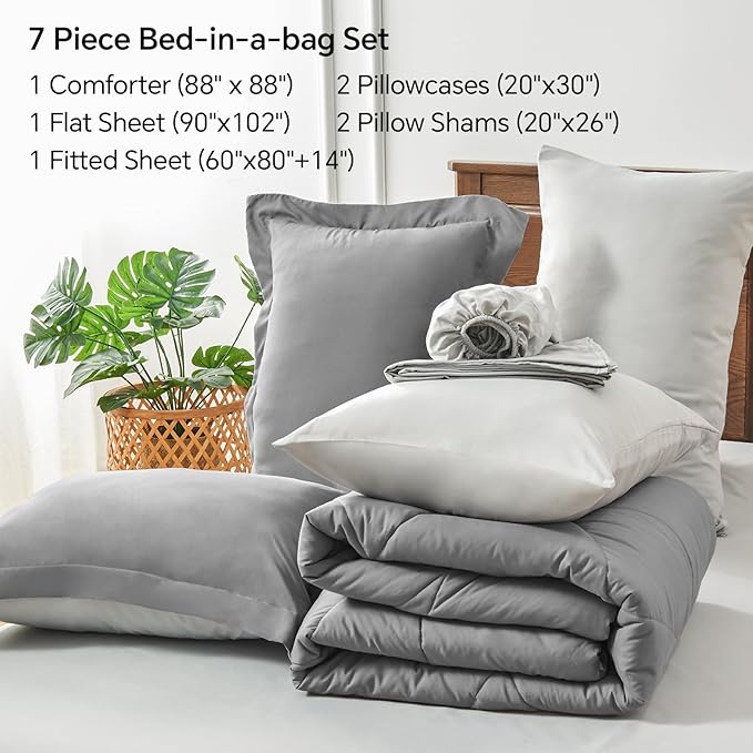 BEDELITE Queen Comforter Set 7 Pieces Bed in A Bag - Soft Microfiber Reversible Grey Bed Set with Comforters, Sheets, Pillowcases & Shams, Cozy Luxury Bedding Sets for All Season