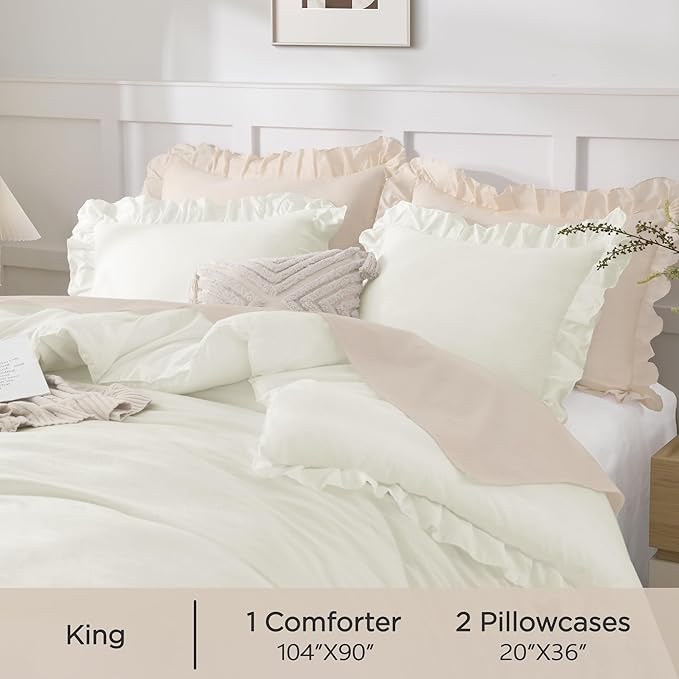 Andency Ivory King Size Comforter Set, 3 Pieces Solid Farmhouse Shabby Chic Bedding Comforters & Sets, All Season Western Rustic Soft Down Alternative Bed Set for Adult Men Women