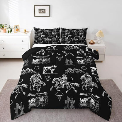 Erosebridal Western Cowboy Bedding Full Black White Horse Cow Print Comforter Set for Kids Boys Teen Men Country Wild West Bedding Comforter Sets Desert Cactus Quilt Duvet Rustic Room Decor