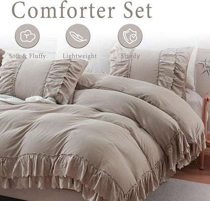 Herside Taupe Boho Comforter King Size,Shabby Chic Ruffle Bedding Set,2 Layers Ruffles Fluffy Vintage Comforter Home Decor,Farmhouse 3 Pcs Microfiber Lightweight Quilt Set