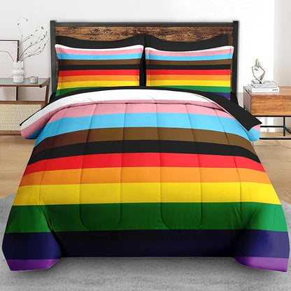Comforter Set Twin Size, Pride Flag 5 Pcs Bedding for Kids and Adults, Rainbow Stripe Bed Sheet Sets with Fitted Sheet Pillowcase & Sham for Bedroom Bed Decor