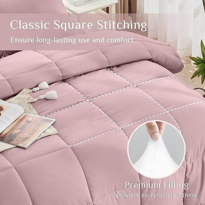 JOLLYVOGUE Twin Comforter Set, Ultra-Soft Bed in a Bag Twin Size 5 Pieces, Oeko-TEX Certified Bedding Set with Down Alternative Comforter, Sheets, Pillowcases & Shams, Camio Pink