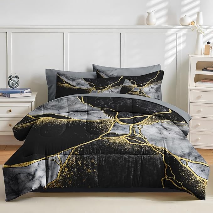 Nesker 7 Pcs Comforter Set Full Size, Marble Black Gold Bedding Set for Kids and Adults, Grey Abstract Modern Bed Sheet Sets with Fitted Sheet 2 Pillowcases & 2 Shams