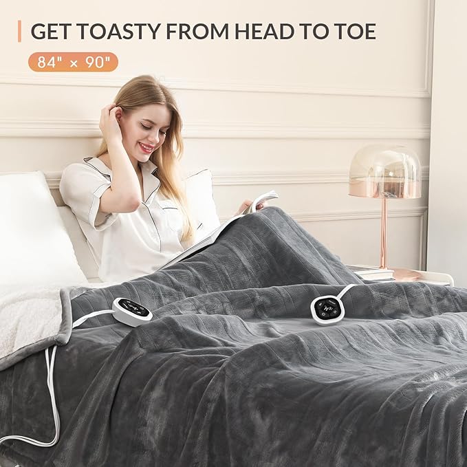 HOMLYNS LuxeHeat Heated Blanket Electric Blanket Queen Size, Soft Flannel Sherpa Heating Blanket with 10 Heat Settings, 1-10 hrs Timer Auto Shut Off (84x90 inches, Grey)
