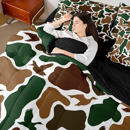 Erosebridal Camo Army 7 Piece Bedding Set Twin Hunting Duck Comforter Set with Sheets Military Camouflage Bed in a Bag Wild Farmhouse Woodland Bed Sets Comforter