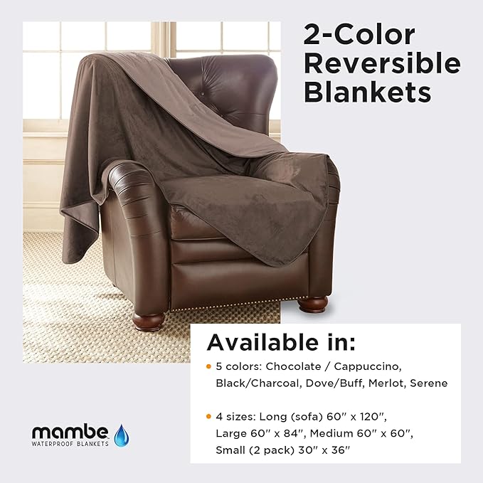 Mambe Silky Waterproof Throw for Protecting Furniture Bed Couch from Stains Caused by Dogs, Cats, Incontinence. Soft, Washable, Reversible. (Size Large 70x90 inches, Color Chocolate/Cappuccino)