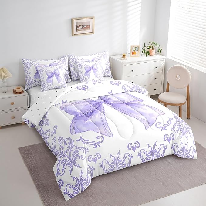 jejeloiu Girls Pretty Ribbon Purple Bow 7 Piece Bedding Set Twin Size Purple Damask Comforter Set with Sheets for Kids Women Cute Bow Bed in a Bag Princess Bed Set