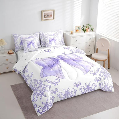 jejeloiu Girls Pretty Ribbon Purple Bow 7 Piece Bedding Set Full Size Purple Damask Comforter Set with Sheets for Kids Women Cute Bow Bed in a Bag Princess Bed Set