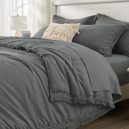 Andency Oversized King Comforter Set with Sheets 128x120 Dark Grey - 7 Pieces Bed in a Bag Boho Soft Lightweight Bedding Sets, Tassel Bed Set with Comforter, Sheets, Pillowcases & Shams