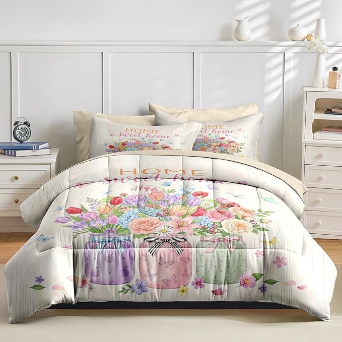 Nesker 5 Pcs Spring Comforter Set Twin Size, Floral Butterflies Bedding Set for Kids and Adults, Pastel Flower Bed Sheet Sets with Fitted Sheet Pillowcase & Sham