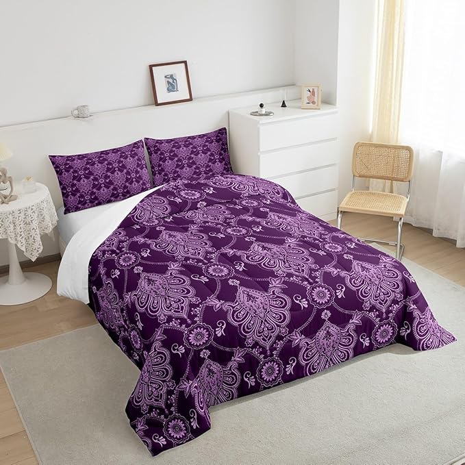 Feelyou Adults Purple Vintage Damask Floral Comforter Set Antique Drawing Classical Paisley Comforter Twin Size Gothic Bohemia Boho Floral Bedding Set Hotel Style Duvet Set Quilt Set 2Pcs