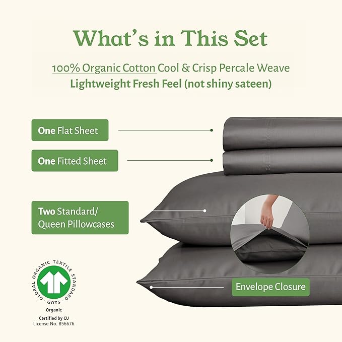 California Design Den Full Size Sheet Set - Soft 100% Organic Bed Sheets with Deep Pockets, Crisp Percale, Breathable and Durable Bedding Set - Grey