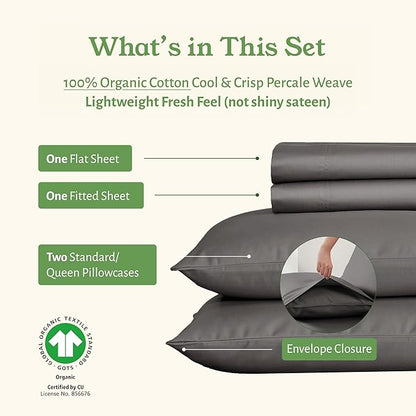 California Design Den Full Size Sheet Set - Soft 100% Organic Bed Sheets with Deep Pockets, Crisp Percale, Breathable and Durable Bedding Set - Grey