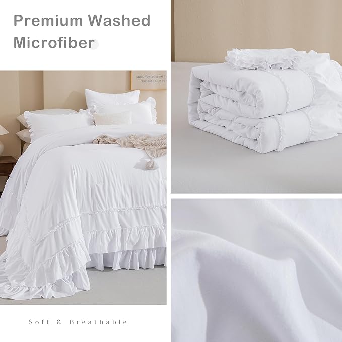 Masaca Oversized King Comforter 120x120,Farmhouse Shabby Boho Chic Bright White Ruffle California King Comforter Set French Country Rustic Bedding 3PCS (1 Ruffled Comforter+2 Pillow Shams)
