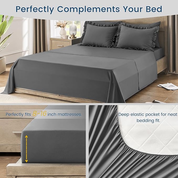 QUIETSEA Twin Bed in a Bag 5 Pieces Comforter Set Twin, Ruffle Shabby Chic Bedding Comforter Set Dark Grey Bed Set with Comforter, Pillowcase, Flat Sheet, Fitted Sheet and Pillow Sham