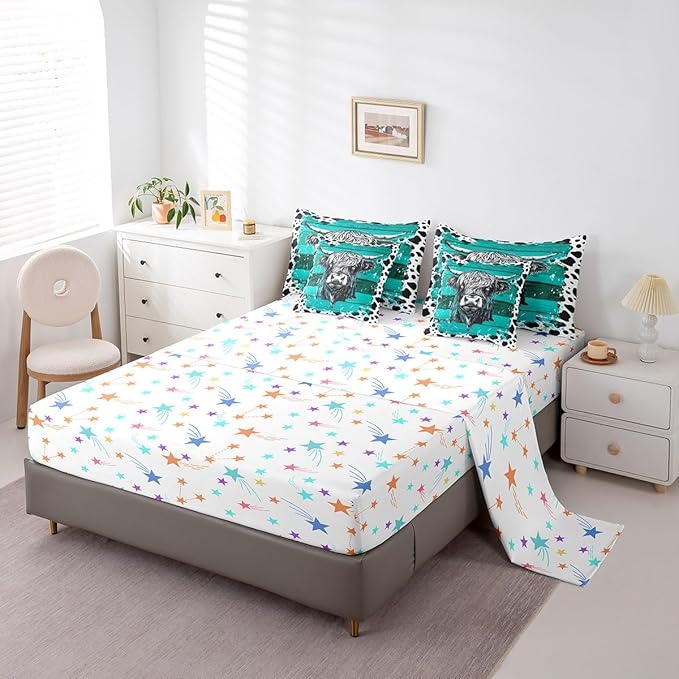 Erosebridal Highland Cow 7 Piece Bedding Set King Size,Rustic Cowhide Bed in a Bag,Cow Pattern Bed Set Includes Comforter, Sheet Set, Pillowcases & Pillow Covers All Season Bedroom Decor