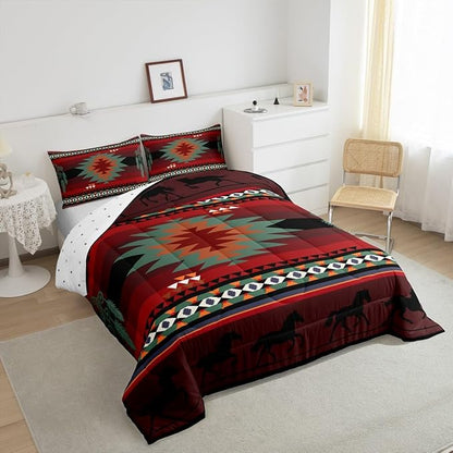 Feelyou Red Black Western Comforter Set Southwestern Aztec Toddler Size Bedding Set for Kids Boys Girls Western Horse Comforter Soft Microfiber Boho Geometric Bedroom Decor
