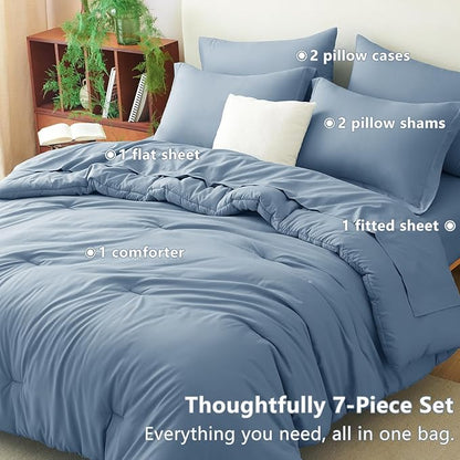 CozyLux Oversized Queen Comforter Set Grayish Blue, 7 Pieces Bed in a Bag Comforter Set with Sheets, Soft Bedding Sets with Down Alternative Comforter, Fitted Sheet, Flat Sheet, Pillowcases and Shams