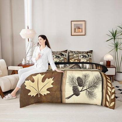 Erosebridal Hunting Bear Deer Bedding Set (Twin Size,7 Pieces) | Rustic Cabin Lodge Comforter Set with Sheets Country Patchwork Plaid Bed in A Bag Rural Maple Bear Paw Print Quilt Duvet Insert