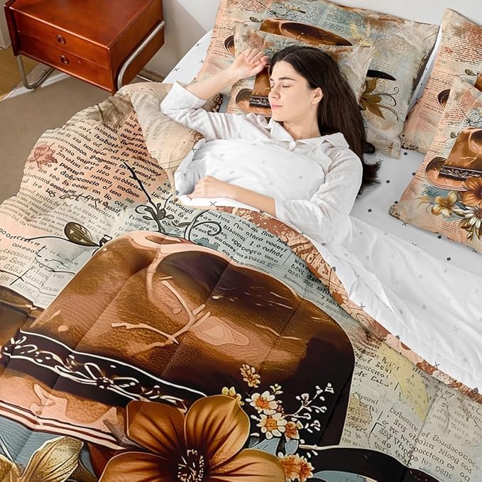 Erosebridal Western Cowboy 7 Piece Comforter Set Queen | Country Western Hats Bed in A Bag Hippie Blooming Floral Sheet Set Reversible American Wild West Fitted Sheet Breathable Lightweight