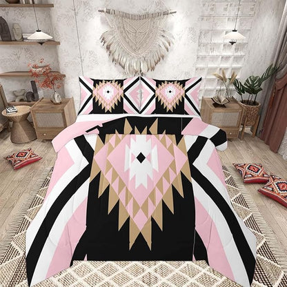 Feelyou Pink Black Boho Western Comforter Set Southwestern Aztec Tribal King Size Bedding Set for Kids Boys Girls Vintage Geometric Duvet Quilt