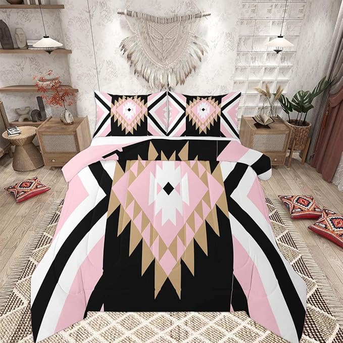 Feelyou Pink Black Boho Western Comforter Set Southwestern Aztec Tribal Queen Size Bedding Set for Kids Boys Girls Vintage Geometric Duvet Quilt