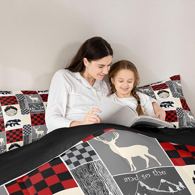 Boys Hunting Deer Quilt, Rustic Cabin Lodge Comforter Set Wildlife Bear Bedding Set Full Size, Western Country Farmhouse Wooden Board Down Comforter With 2 Pillow Cases, Rustic Gifts For Mom