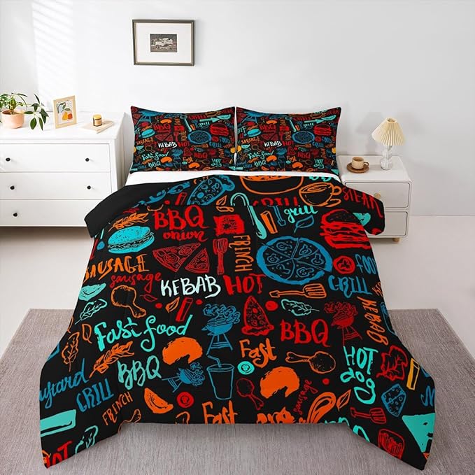 Castle Fairy Colorful Hand Drawn Line Art 3 Pcs King Size Comforter Set,Delicious Food Down Alternative Adults Bedroom Decor,Barbecue Theme Ultra Soft Microfiber Inner Fill 3Pcs Bedding