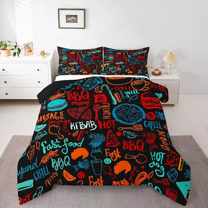 Castle Fairy Colorful Hand Drawn Line Art 3 Pcs King Size Comforter Set,Delicious Food Down Alternative Adults Bedroom Decor,Barbecue Theme Ultra Soft Microfiber Inner Fill 3Pcs Bedding