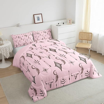 Feelyou Pink Western Bull Skull Comforter Set Ethnic Horns Boho Twin Size Bedding Set Tribal Symbol Mysterious Aztec Comforter for Man Women