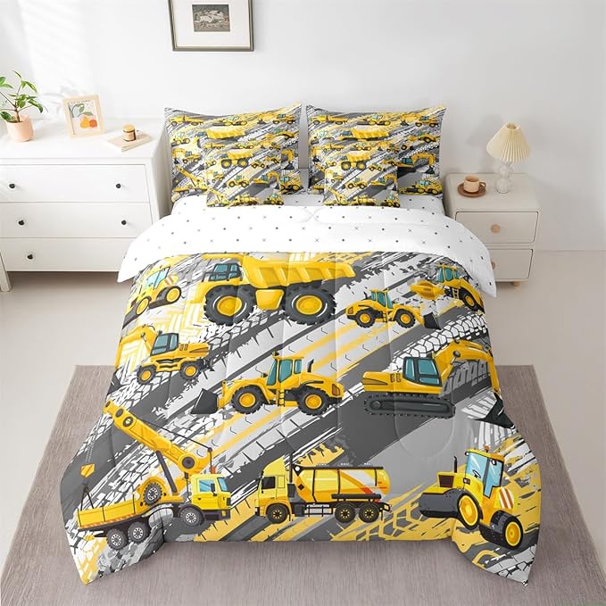 Feelyou Boys Construction Comforter Set King Size 7 Pcs Kids Construction Site Cars Comforter Bed in a Bag Trucks Excavators Bedding Set Child Tractors Bed Set with Sheets, Pillowcases, Pillow Covers