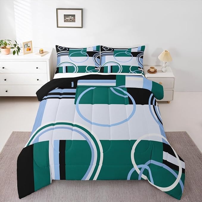 Modern Green Blue Queen Comforter Set Circles Swirls Bedding Sets Room Decor Abstract Black White Square Duvet Insert Geometric Stripe Quilt Set Modern Creative Texture Art Down Comforter All Season