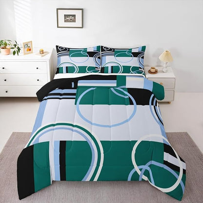 Modern Green Blue Queen Comforter Set Circles Swirls Bedding Sets Room Decor Abstract Black White Square Duvet Insert Geometric Stripe Quilt Set Modern Creative Texture Art Down Comforter All Season