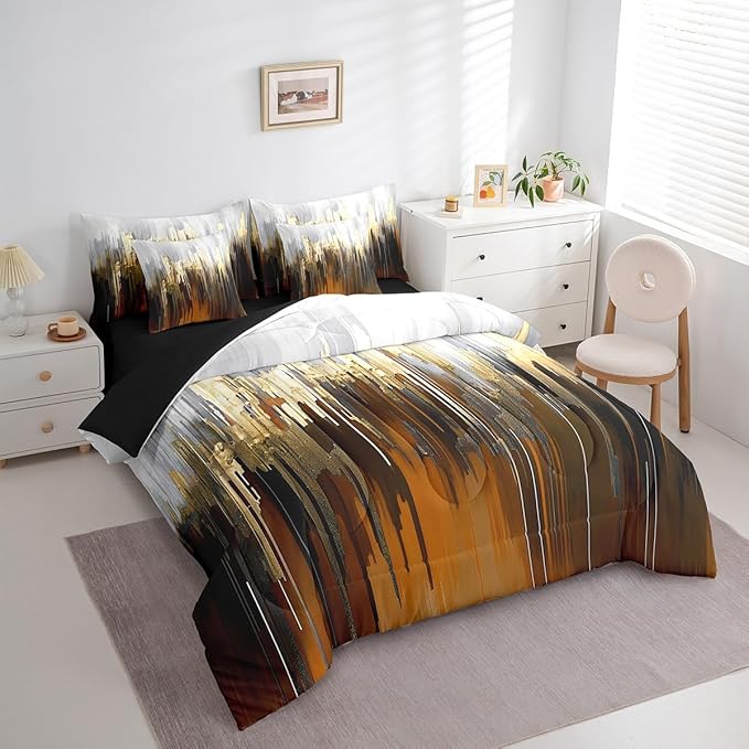 Brown Bedding Queen Size 7-Piece Ombre Abstract Comforter Set, Brush Marks Gradient Bedding Comforter Sets Contemporary Golden Metallic Bed in a Bag, Watercolor Stripe Aesthetic Bedding Accessories