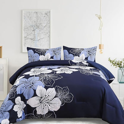 Menghomeus Queen Comforter Set Navy Blue Floral Bedding Comforter Sets - Soft Microfiber Bed Comforter Set for All Season, 3 Piece Botanical Flowers Comforter, Pillowcases