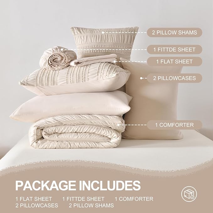 Beige Tufted Comforter Set King Size 7 Piece Bed in a Bag，Shabby Chic Boho Bedding for Bedroom Comforter，All Season Soft Microfiber Ruffle Comforter Set with Pillow and Sheets