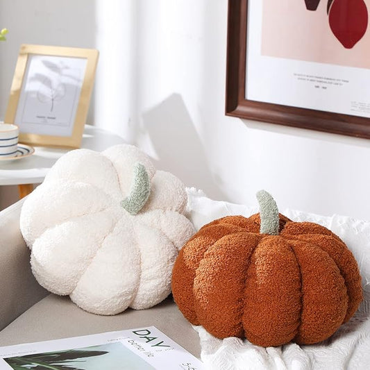 Kajaia 2 Pcs Pumpkin Pillow Plush 11 x 9.5 Inch 3D Cushion Fall Decorations Simulated Stuffed Throw Pillows for Halloween Thanksgiving Bedroom Sofa Couch Supplies (White,Brown)