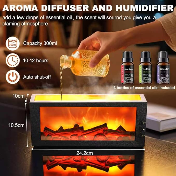 Upgraded 300ml Fireplace Diffuser Essential Oill X3,7 Colorful Large Flame Fire Humidifier Changing Aroma Diffuser for Aromatherapy Yoga Room Bedroom, Room, Office, Home with Remote Timer and Auto Off
