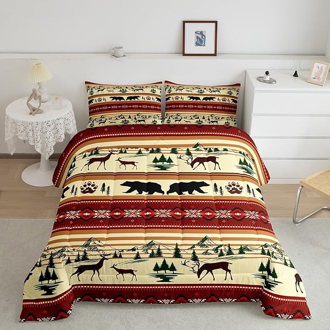 Feelyou Bohemian Deer Bedding Sets Queen Bear Wildlife Hunting Theme Comforter Cabin Decor Boho Western Duvet Insert for Adult Women Men Retro Boho Wildlife Down Comforter Geometric Quilt 3Pcs