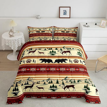 Feelyou Bohemian Deer Bedding Sets Queen Bear Wildlife Hunting Theme Comforter Cabin Decor Boho Western Duvet Insert for Adult Women Men Retro Boho Wildlife Down Comforter Geometric Quilt 3Pcs