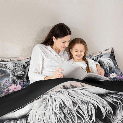 Erosebridal Highland Cow Flower Comforter Set King Size Bull Cattle Bedding Set Western Funny Animal Duvet Stuffing Wildlife Farmhouse Cow Bed Quilt Mountain with Firforest Bedroom Decor